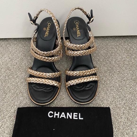 CHANEL Shoes - Authentic Chanel gold sandals wedge heel 35.5
